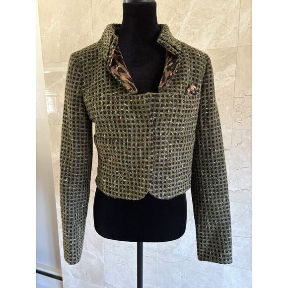 Carlisle Tweed Cropped Blazer 6 Green Black Leopard Statement Jacket Office Chic - Picture 4 of 13